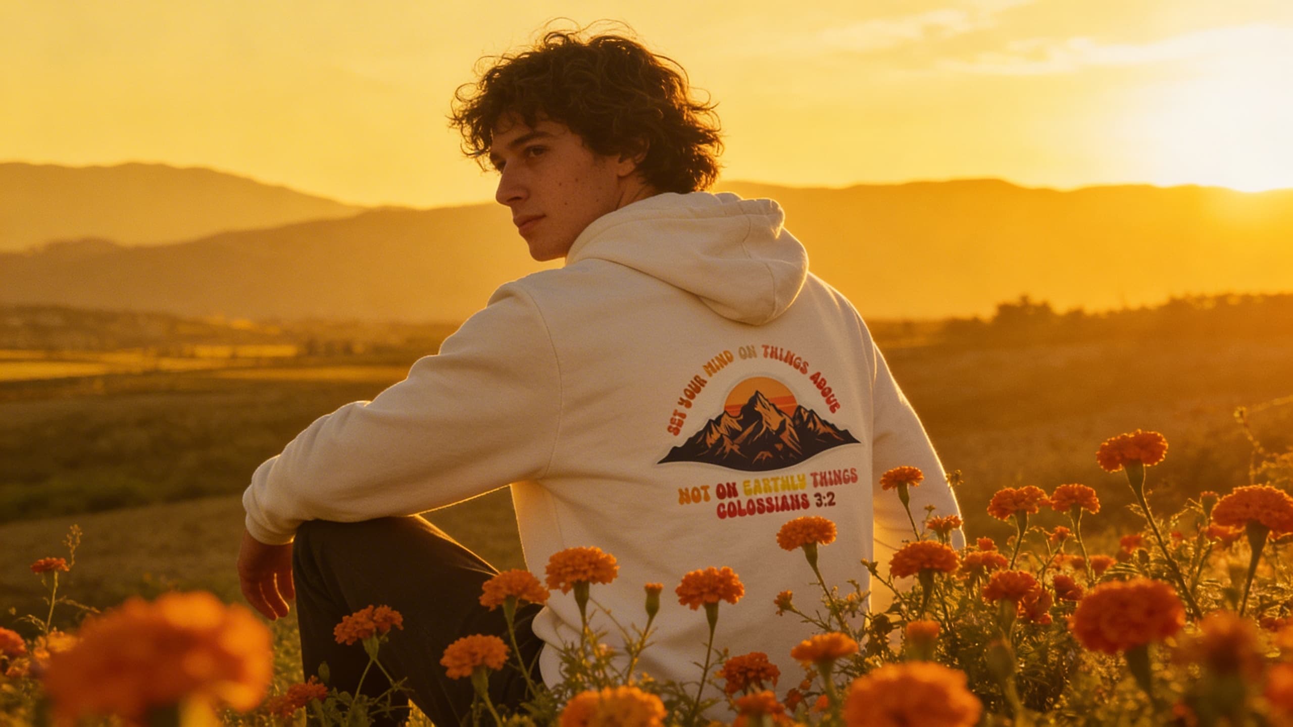 Model wearing Colossians hoodie in flower field